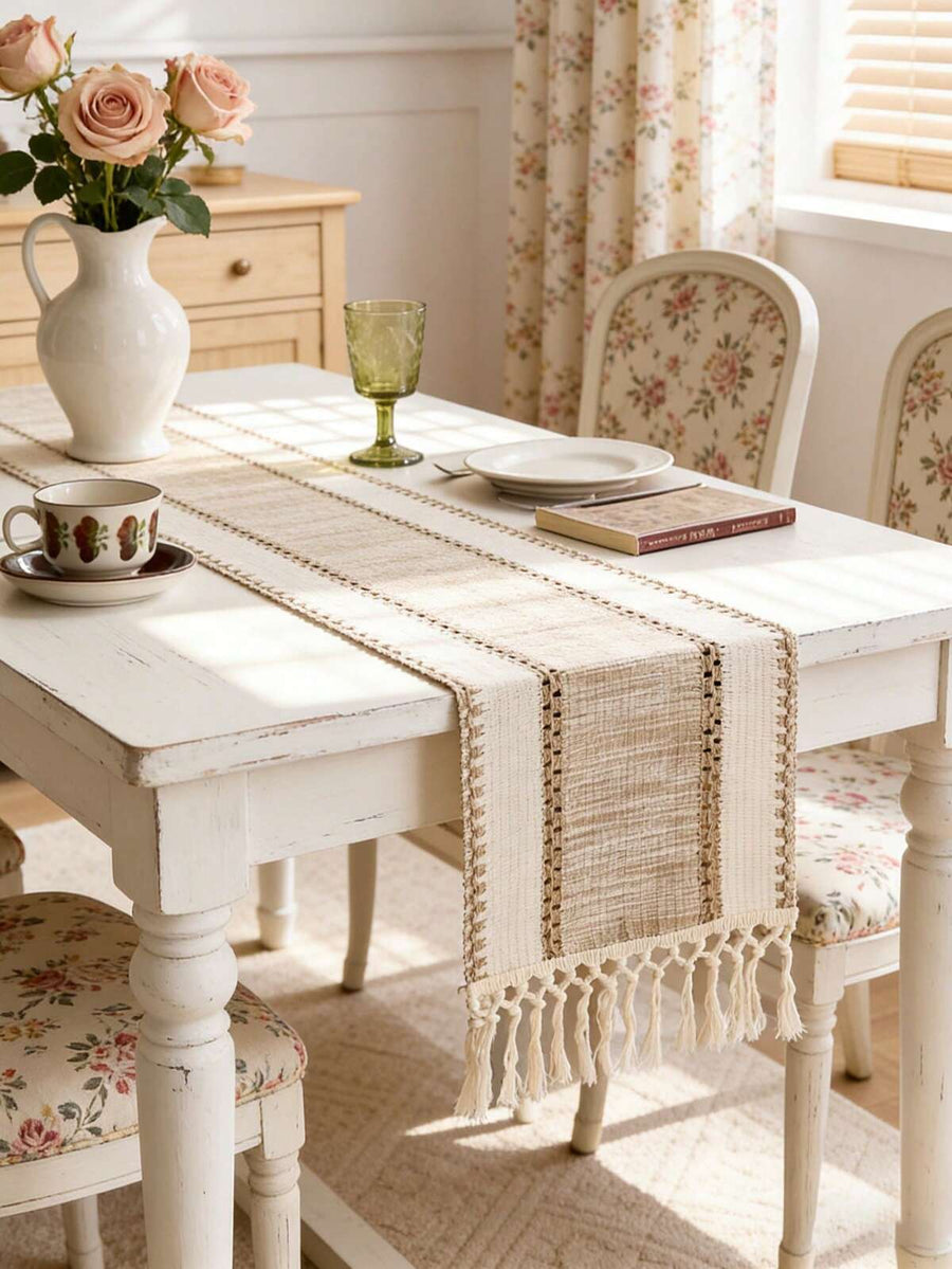Nordic-Bohemian Striped Table Runner: Hand-Woven Tassels For Dining Tables, Round Coffee Tables & Rustic Home Decor,Perfect For Wedding Receptions, Outdoor Parties & Party's Decor Design For Home & Restaurant Decor, Kitchen Dining Table Centerpiece